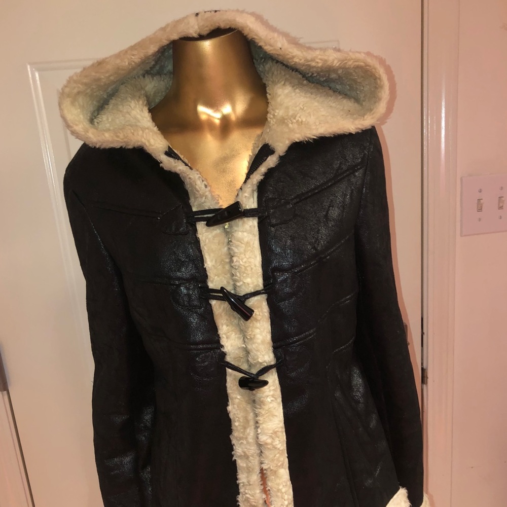 Black faux fur hooded jacket